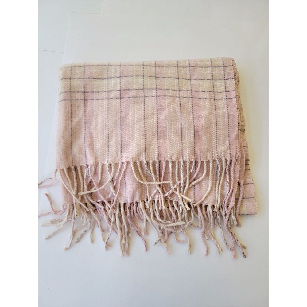 Women's Long Fringe Pink Gray Plaid Checkered Super Soft 72 x 26" Winter Scarf